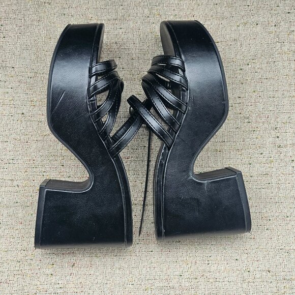 SODA Women Strappy Wedge Heel Sandal Black Vegan Faux Leather Shoes Size 6M - Picture 9 of 13